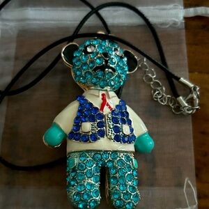 Whimsy Blue and White Crystal Bear Pendant‎ Necklace